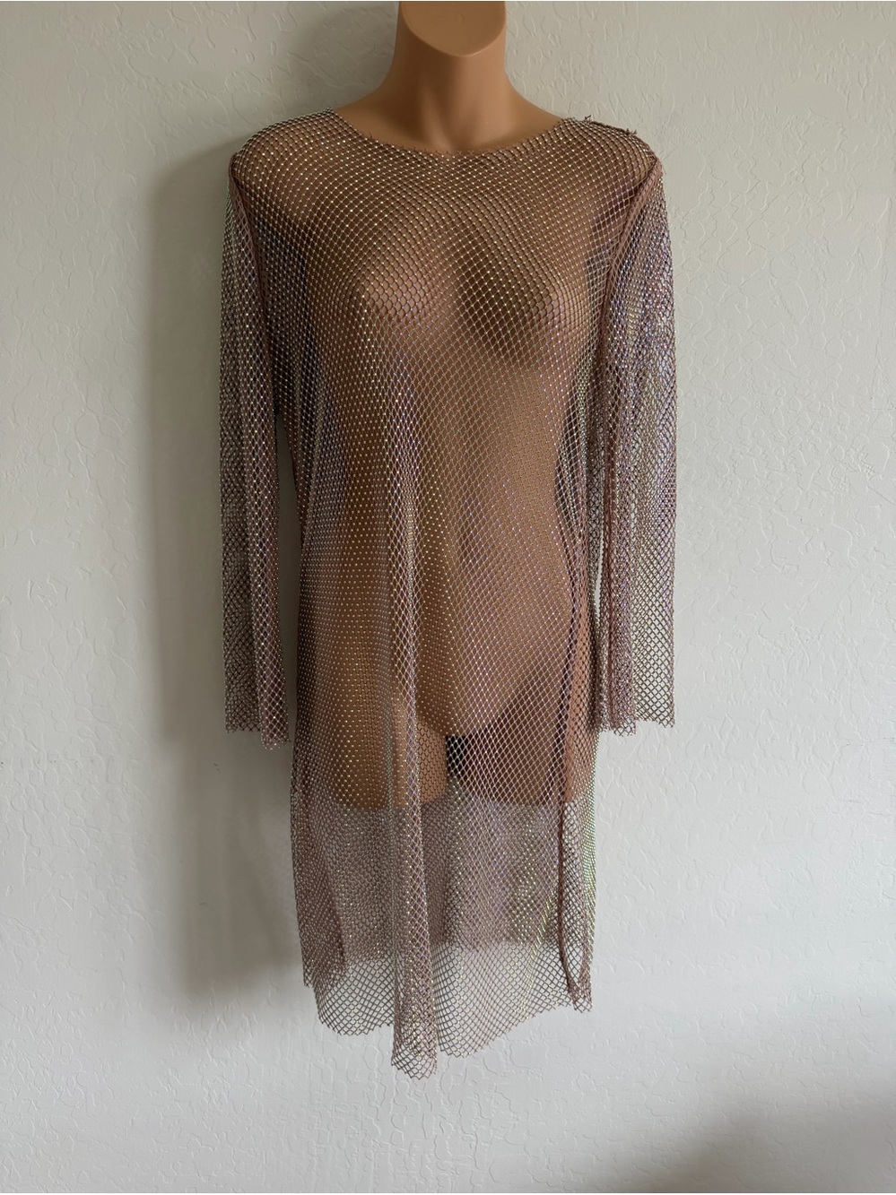 Rhinestone Fishnet Mesh Sheer Long Sleeve Mini Cover-Up Dress M